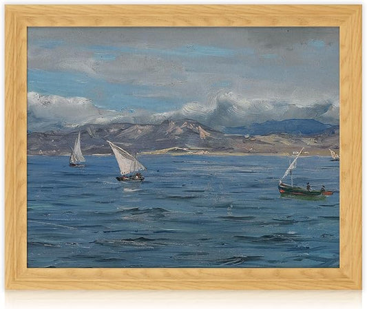 Brivoria Framed Canvas Wall Art Vintage Decor, Coastal Seascape with Sailing Boats and Distant Mountains Under Dramatic Cloudy Sky for Living Room Statement Wall or Gallery Decoration, 16"x20"