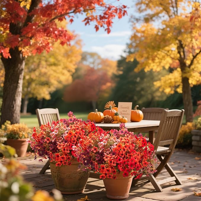 16 Bundles Artificial Fall Flowers, UV Resistant Faux Plants for Outdoor Decor - Fake Greenery for Porch, Patio, Garden, Thanksgiving Christmas Home Decoration (Mixed Colors)