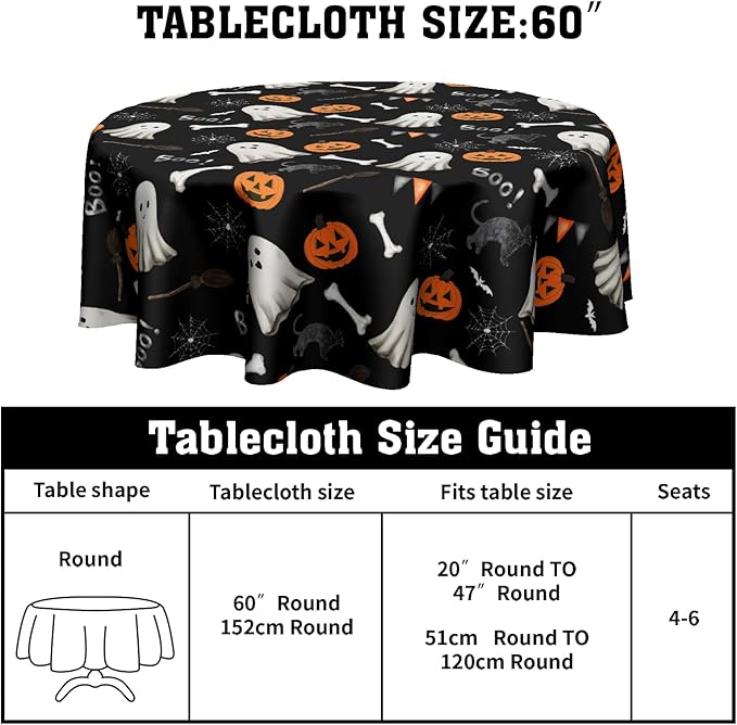 Kawani Halloween Tablecloth Round 60 Inch Scary Pumpkin Ghost Round Table Cover Halloween Table Cloth Fall Circular Washable Polyester Tabletop Decor for Home Kitchen Dining Room Banquet Picnic Party