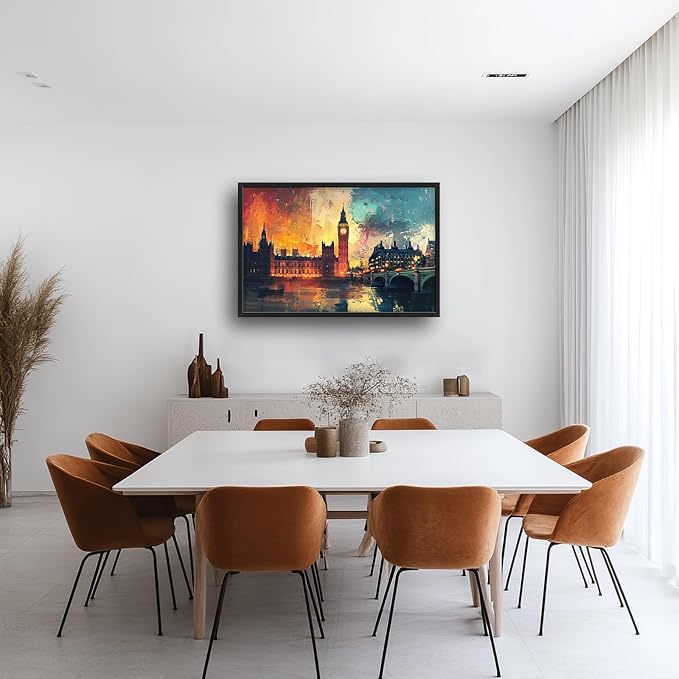 London Big Ben Framed Wall Art for Living Room, Large Cityscape Canvas Wall Decor, Bridge Pictures Painting, Natural Landscape Modern Artwork for Bathroom Bedroom 36L'' × 24W''