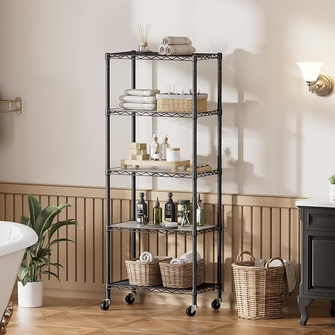 SINGAYE 5 Shelves Storage Shelf Wire Closet Bathroom Organizers Metal Pantry Kitchen Garage Shelving Unit Laundry Room Organization Home Rack Net Basket Black with Wheels