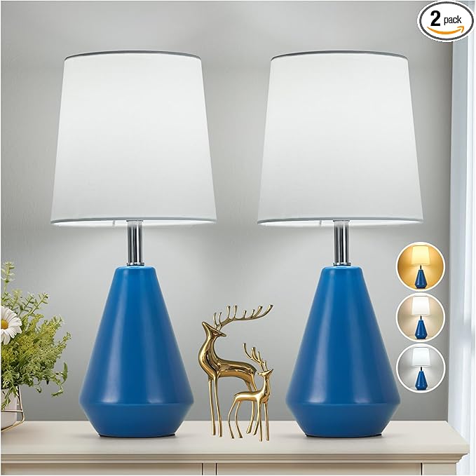 Small Bedside Table Lamp for Bedroom-Reading Desk Lamp Set of 2,with 3 Color Temperatures,15.5" Nightstand Ceramic Lamp with Fabric Shade for Kids Room,Living Room,Dorm,Home Office(Blue+White)