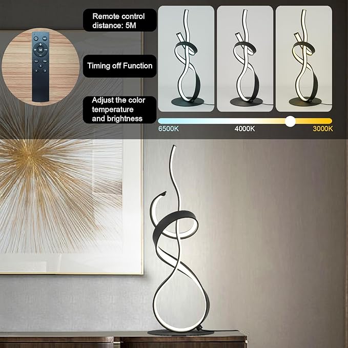 22inch 24W 2700LM Modern Design 3CCT 2700K/4000K/6500K Stepless Touch Dimmable with Remote Control Art LED Table Lamps for Bedroom Bedside Living Room Villa Gift Idea (Black)