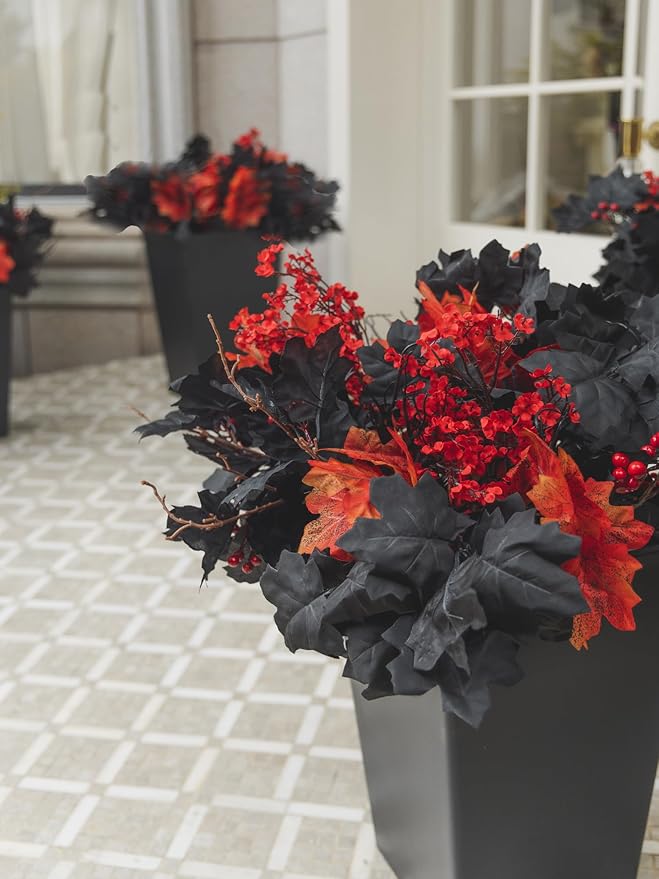 16pcs Fake Plants Outdoor, Halloween Maple Leaves Branch, Autumn Artificial Plants with Black Maple Leaves, Faux Leaves Spray for Halloween Thanksgiving Home Deocr