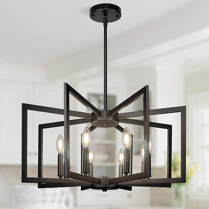8-Light Large Black Chandelier,Dining Room Light Fixture Geometric Metal Modern Chandelier,Hanging Industrial Metal Chandelier for Kitchen Island Entryway Stairway Foyer Hallway.