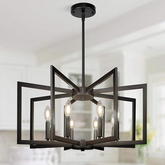 8-Light Large Black Chandelier,Dining Room Light Fixture Geometric Metal Modern Chandelier,Hanging Industrial Metal Chandelier for Kitchen Island Entryway Stairway Foyer Hallway.