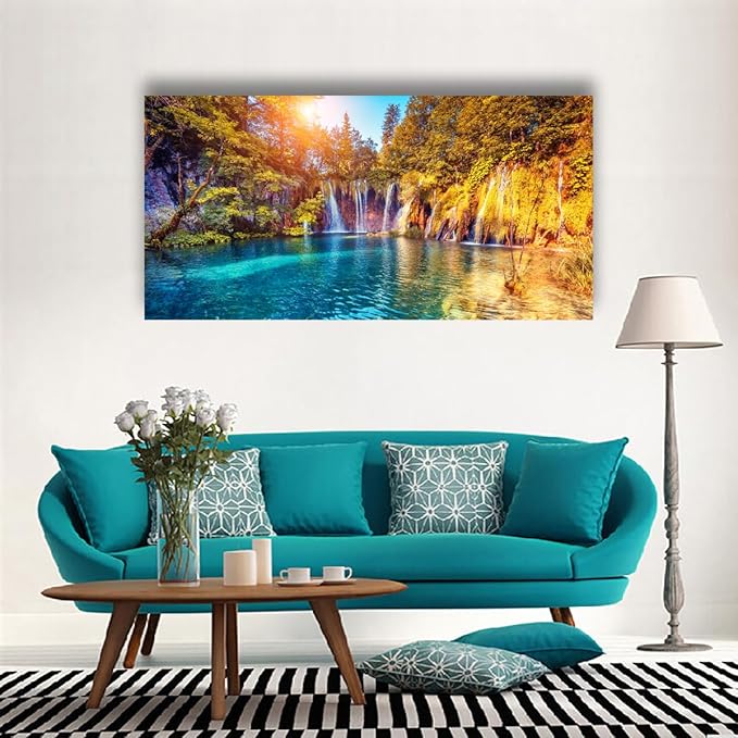 Lake Water Pictures Canvas Wall Art for Living room Bedroom Wall Decor,Waterfall Wall Art Print Paitnings for home Decor,Morden Artwork Sunset Tree Canvas Art Waterproof Stretched Ready to