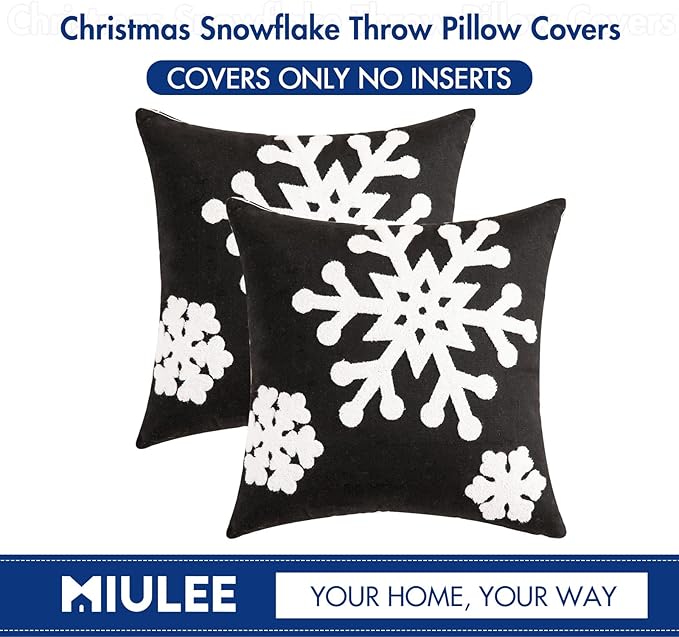 MIULEE Pack of 2 Christmas Decorative Snowflake Throw Pillow Covers Canvas Embroidery Winter Cushion Cases Holiday Decor Soft Pillowcases for Winter Couch Sofa Bedroom Car（Black, 20x20in）