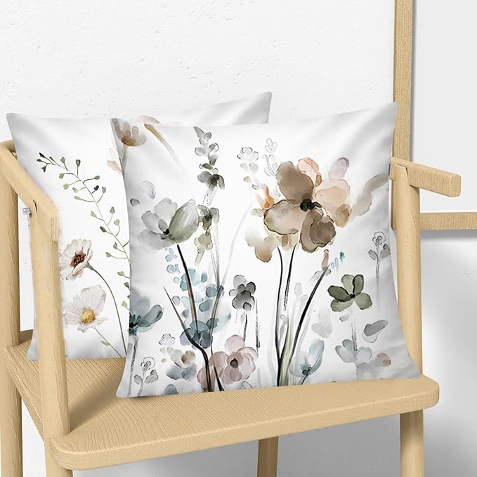 COMMINY Brown Grey Floral Pillow Cover 18x18 Set of 6 Watercolor Throw Pillow Covers Square Cushion Covers for Couch Sofa Living Room Home Decor