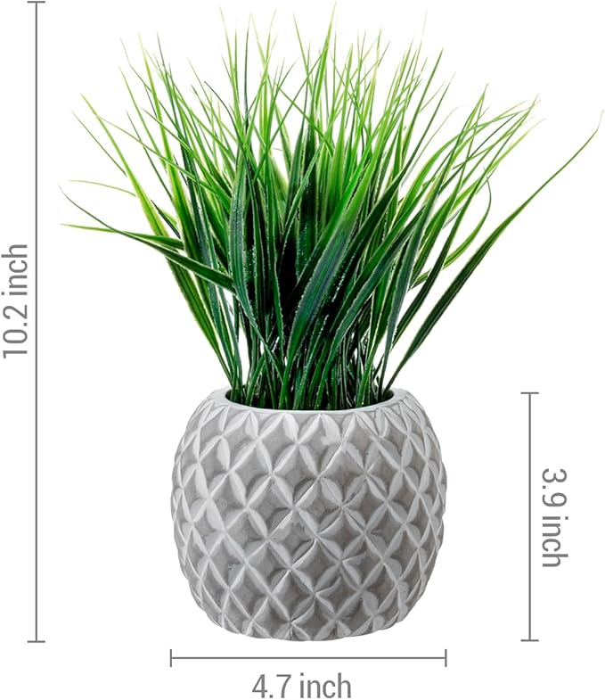 MyGift Artificial Green Grass Plant in Modern Round Gray Concrete Pot with Embossed Diamond Pattern, Tabletop Faux Greenery Decor Potted in Decorative Planter