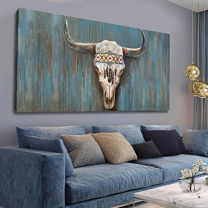 Cow Canvas Wall Art Animal Pictures for Living Room Blue Wall Decor Colorful Artwork Large Poster Prints Arts 24"x48"