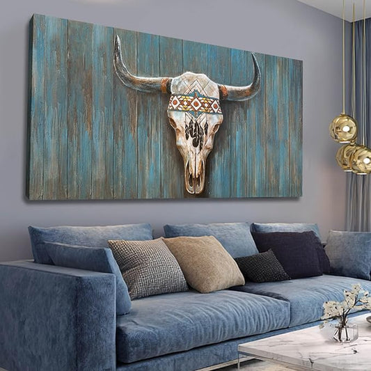 Cow Canvas Wall Art Animal Pictures for Living Room Blue Wall Decor Colorful Artwork Large Poster Prints Arts 24"x48"
