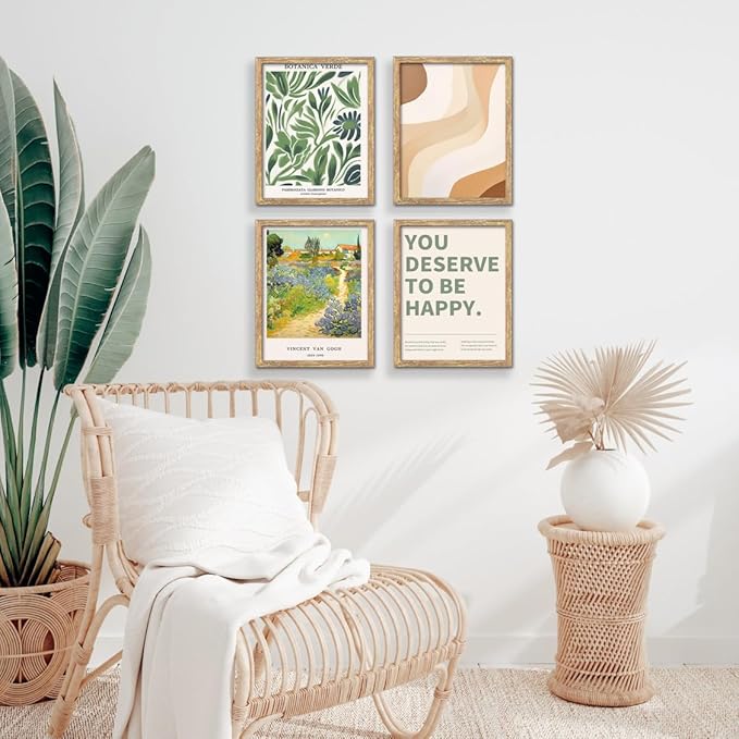 GUMEYJIA Framed Modern Wall Art Print Set 4 Piece Wall Decor Collection Botanical Verde Desert Contemporary Van Gogh Garden Inspirational Quote Art (11"x14")
