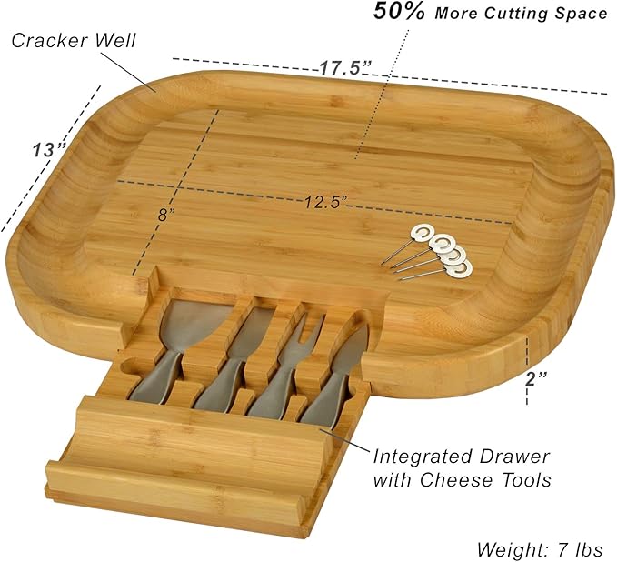 Picnic at Ascot Bamboo Cutting Board for Cheese & Charcuterie with Knife Set & Cheese Markers- Designed & Quality Checked in the USA