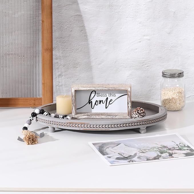 Oval Wooden Tray, Decorative Trays for Home Decor Coffee Table Kitchen Dinning Table, Small Wood Beaded Tray for Decor Grey