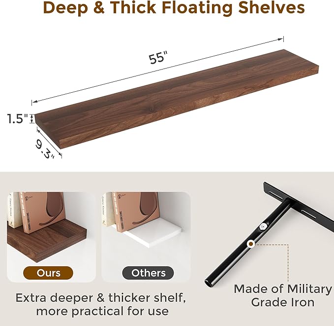 55 Inch Floating Shelves Set of 2, Rustic 55 x 9.3 Floating Shelf for Wall, 9.3 Inch Deep Wall Shelves Invisible Bracket, Large Deep Shelving for Bedroom, Kicten, Living Room, Walnut Color