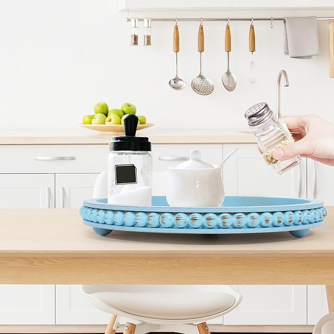 HPC Decor 12in Round Blue Wood Beaded Tray - Decorative Living Room, Coffee Table, Kitchen Table, Dining Room or Farmhouse Serving Tray