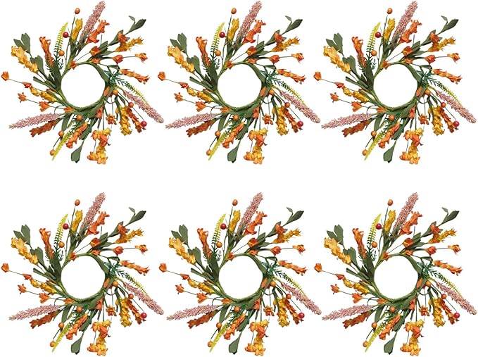 6pcs 11” Fall Mini Forsythia Flower Mini Candle Wreath for Home Decor, Set of 6 Pcs Autumn Flower Mini Wreaths Set for Closet Kitchen Fireplace, Fall Forsythia Candle Ring