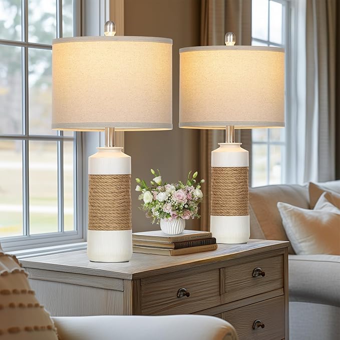 Boho Table Lamps for Bedroom Nightstand 25.5" Farmhouse Bedside lamp Set of 2,Rattan Lamps Cottage Lamps for Living Room End Table Side Table (Include Bulbs)