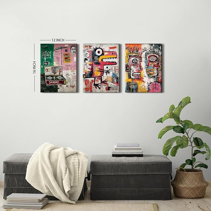 Jean Michel Basquiat Wall Art Set of 3 Framed Basquiat Posters Prints Pictures for Teens Bedroom Decor Graffiti Wall Decor Colorful Abstract Street Pop Art Paintings Artwork Home Decorations 12x16”