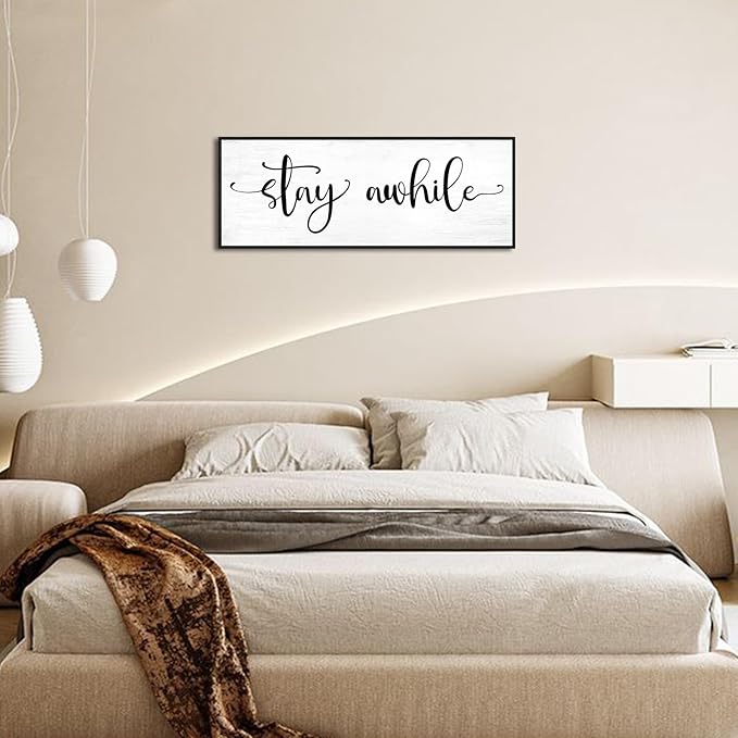 Stay Awhile Sign Wall Decor: 32''×12'' Farmhouse Wall Art Rustic Canvas Print Wall Signs, Large Black Framed Hanging Plaque Home Decor for Kitchen Dining Room Living Room Hallway Entryway