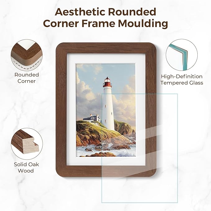 8x10 Picture Frame, Rustic 8 by 10 Photo Frame for Wall & Tabletop Display - Solid Oak Wood & Tempered Glass, 8x10 Picture Frame Matted to 5x7, Wood Collage Frames for Home, Walnut Color, 1 Pack