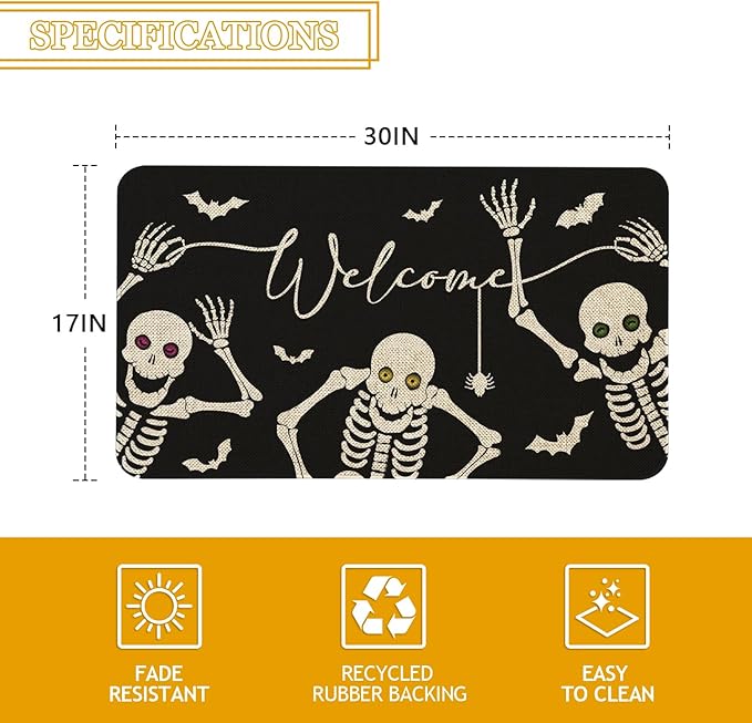 Halloween Skeleton Welcome Doormat 30x17 Inch Spooky Skull Front Door Mat Indoor Outdoor Entrance Floor Mats Non-Slip Washable Seasonal Halloween Home Decor Rugs