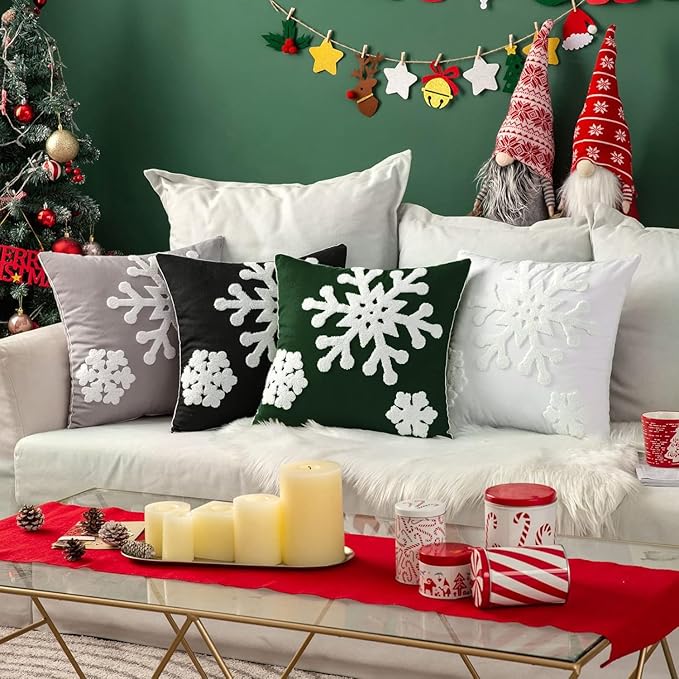 MIULEE Pack of 2 Christmas Decorative Snowflake Throw Pillow Covers Canvas Embroidery Winter Cushion Cases Holiday Decor Soft Pillowcases for Winter Couch Sofa Bedroom Car（Dark Green, 18x18in）