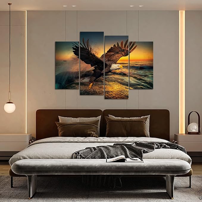 RnnJoile Bald Eagle Canvas Wall Art Flying Eagle Sunrise Pictures Prints Large Bird Above Sea Scenery Painting Artwork for Bedroom Living Room Decoration Framed