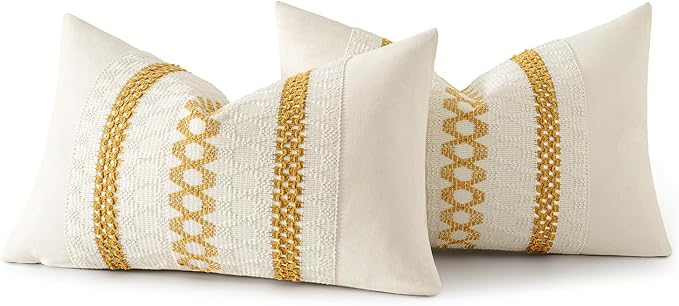 MIULEE Set of 2 Mustard Yellow Boho Decorative Lumbar Pillow Covers 12x20 Inch Farmhouse Rustic Couch Throw Pillows Modern Cotton Cushion Covers Retro Cute Macrame Woven Home Decor for Bed Sofa Chair