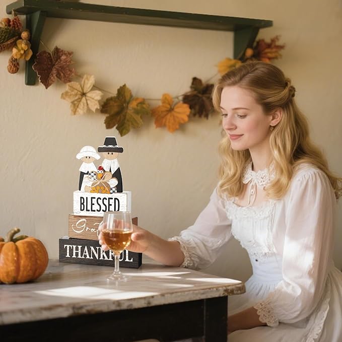 4 Pcs Fall Thanksgiving Table Decor for Home Pilgrim Couple Wooden Signs with Blessed Thanksgiving Autumn Tiered Tray Decor Turkey Tabletop Centerpiece Grateful Block Signs for Office Kitchen Shelf