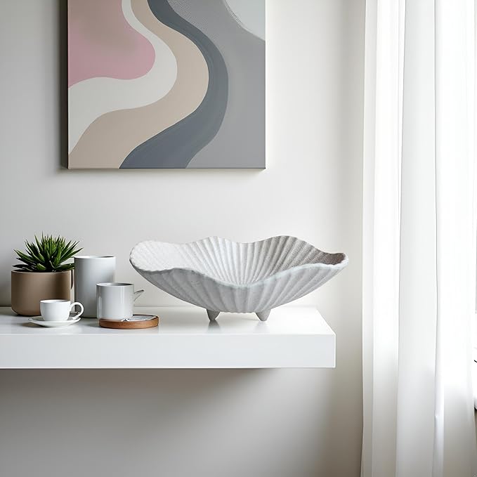 Large Decorative Bowl decor, Scalloped Pedestal Bowls,Modern Home Decor,Ruffle Decor,Stylish Key Bowl for Entry Table,Decorative Fruit Bowl for Kitchen Counter, Light Gray