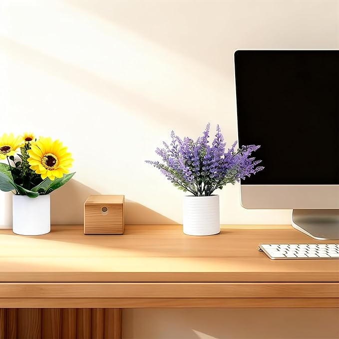 FGSAEOR Mini Potted Fake Plants, Small Artificial Greenery Realistic Plants Topiaries, Low Maintenance, for Home Office Shelf Desk Farmhouse Room Coffee Table Decor (3-Pack) (Purple Yellow)