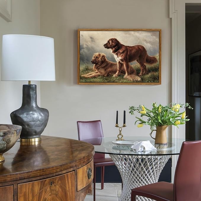 crmotu Framed Wall Art Prints, Still Life Dogs Vintage Decor Paintings, Meadow Golden Retriever Animal Canvas Pictures, Retro Rustic Home Decor Living Room Bedroom Kitchen Aesthetic Artwork 20x30in