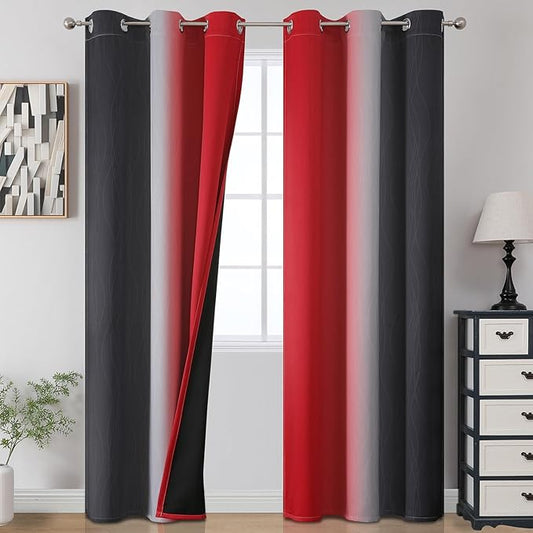Red and Black Ombre Curtains 96 Inches Long, Total Blackout Curtains for Game Room, Thermal Insulated Gradient Grommet Drapes, Full Room Darkening Curtains for Living Room, 42x96 Inch, 2 Panels