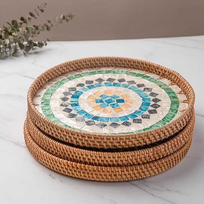 11.81" Decorative Round Mother Pearl Inlay Tray Rattan Wooden Base for Fruit Serving, Coffee Table Tray, Storage and Display Organizer (Colorful Square13.8)