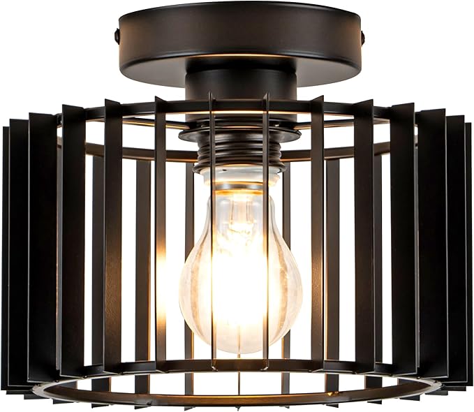 Ceiling Light Fixture Industrial Black Iron Cage Flush Mount, 9 - inch Diameter, Hallway Light Fixtures Modern Ceiling Lights for hallways Eentryway Bathroom Bedroom Kitchen