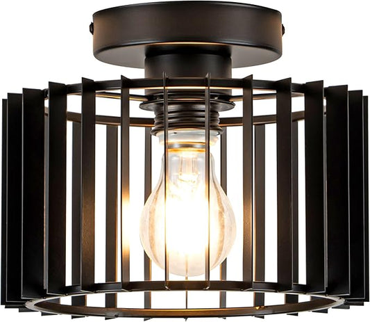 Ceiling Light Fixture Industrial Black Iron Cage Flush Mount, 9 - inch Diameter, Hallway Light Fixtures Modern Ceiling Lights for hallways Eentryway Bathroom Bedroom Kitchen