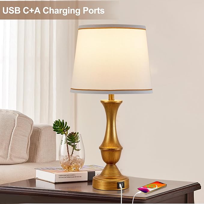 Luvkczc Gold Touch Table Lamps Set of 2, 22" Bedside Lamps with USB C+A Ports, 3 Way Dimmable Nightstand Lamps with White Lampshade,Table Lamps for Bedroom Living Room Bedroom Office, Bulbs Included