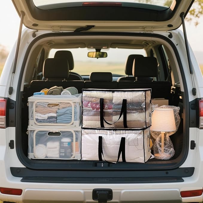 12 Pack-Extra Large Heavy Duty Moving Bags - Waterproof Storage Totes with Handles & Zippers, Foldable for College Dorm, Storage (Clear)