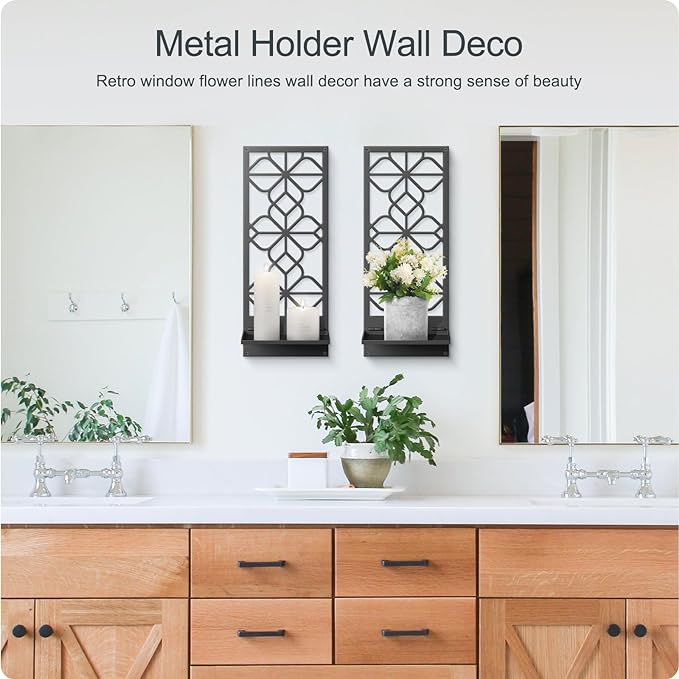 Black Metal Wall Art Decor, Minimalist Retro Line Wall Candle Holder Set of 2, for Living Room, Dining Room, Bedroom, Bathroom (16.5 x 7 in)