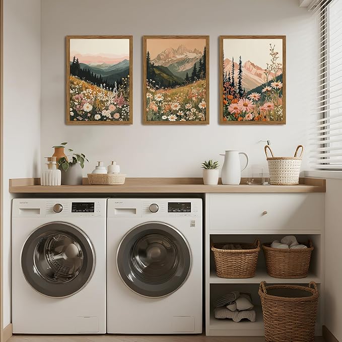 Framed Boho Colorful Wildflower Landscape Wall Art Set of 3, Vintage Floral Mountain Wall Decor Paintings, Nature Flower Pictures Canvas Prints for Living Room Bedroom Office 12x16 inch