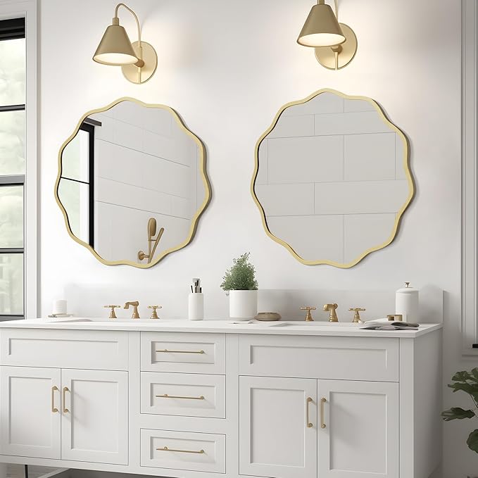 WallBeyond Round Wavy Mirror for Wall Decorative 24 inch, Modern Round Mirror Aluminum Frame for Bathroom Bedroom Living Room Home House Office Entryway, Gold