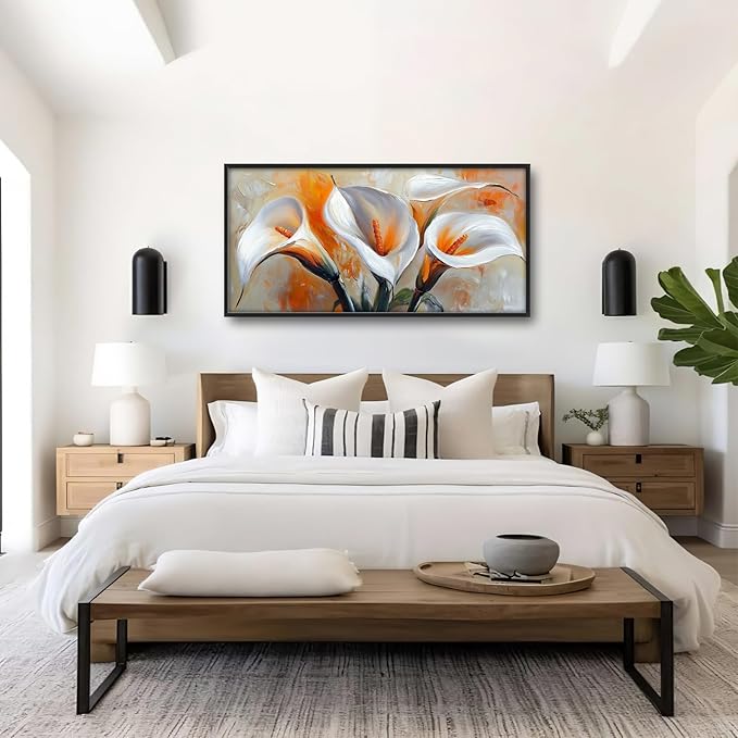 Calla Lily Framed Wall Art for Living Room, Large Calla Flower Canvas Wall Decor, White Florals Pictures Painting, Modern Artwork for Bathroom Bedroom 60L'' × 30W''