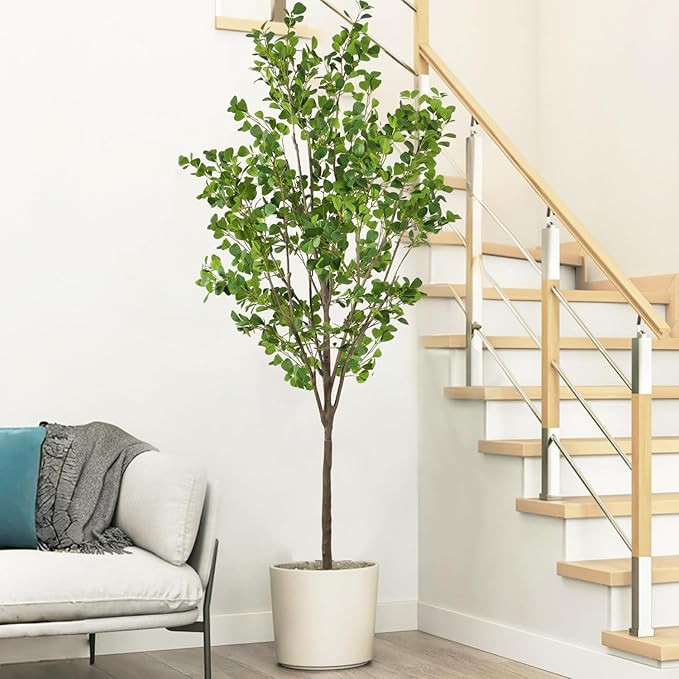 Faux Ficus Tree 7.5ft(90in) Artificial Floor Plant for Indoor Decor Realistic Potted Tree with Texture Silk Leaves and Natural Wood Trunk for Home Living Room,Office Perfect Housewarming Gift