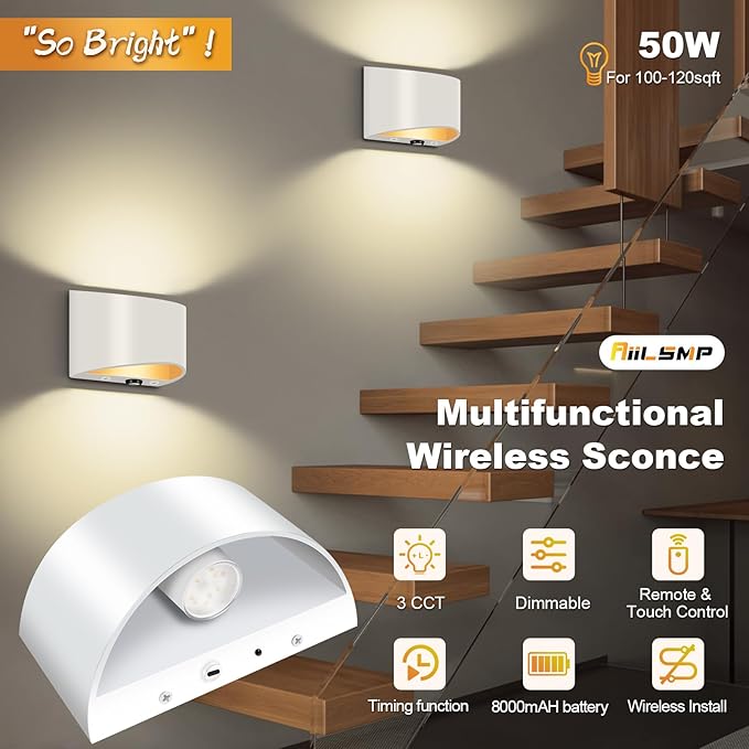 Wireless Wall Sconces Set of 2, 8000mAh White Battery Operated Wall Sconces Remote & Touch Control, 3 Color Temperatures, Timer Cordless Dimmable Light for Bedroom, Living Room, Hallway