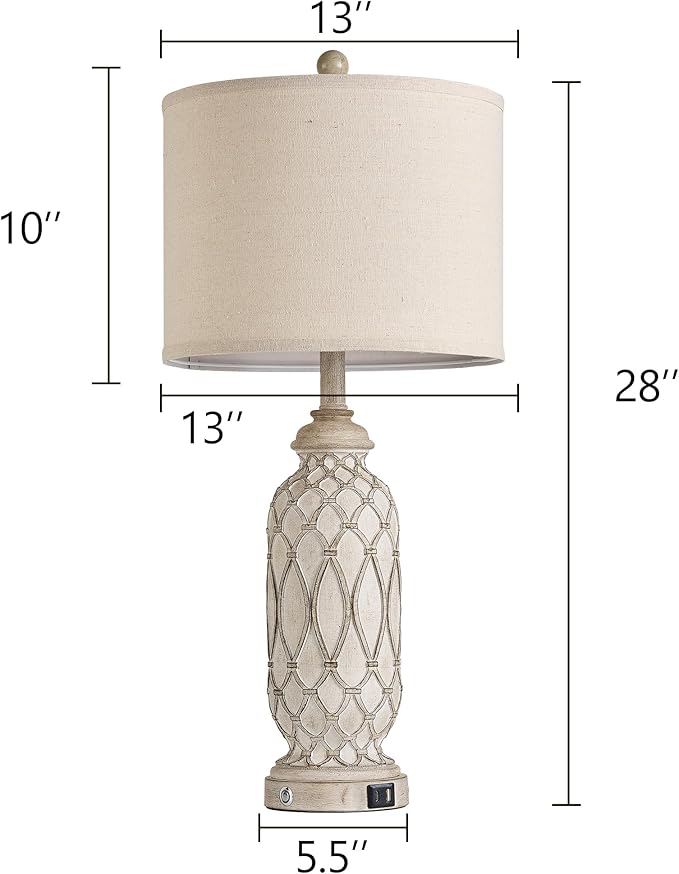 Farmhouse Table Lamps for Bedroom Set of 2, 28" Rustic Bedside Lamp with USB Ports, 3-Way Dimmable Nightstand Table Lamp for Living Room with Linen Drum Shade (Bulbs Included)