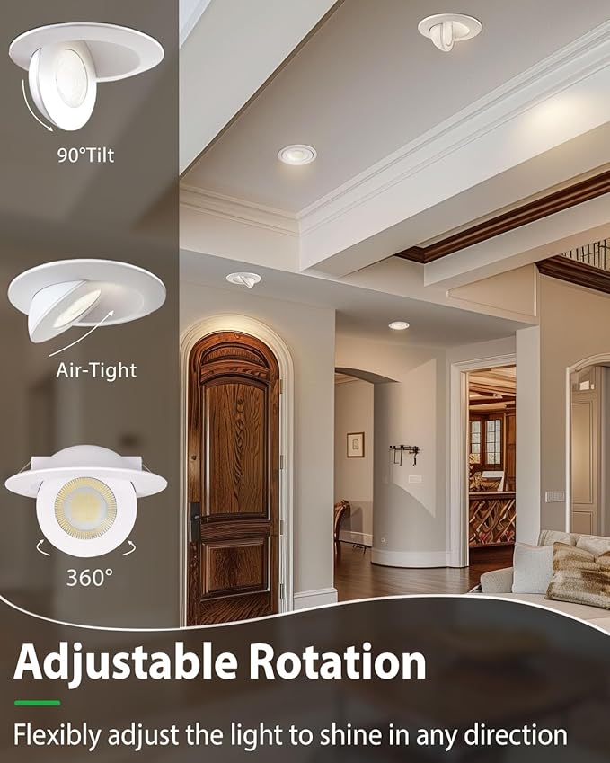 zouzai 5CCT LED Gimbal Led Recessed Light with Junction Box, 360°+90° Adjustable Directional Eyeball Lighting, Dimmable, 2700K/3000K/3500K/4000K/5000K,ETL&Energy Star (6 inch, White 1 Pack)