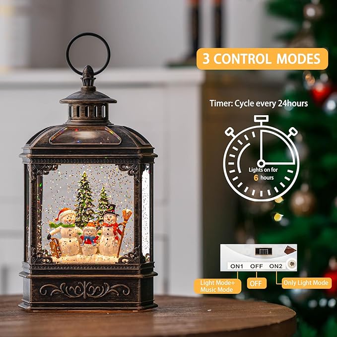 Christmas Snow Globe Lantern Water Glittering Snowman Family with Music & Timer, USB Lined/Battery Operated Lighted Lantern for Christmas Festival Decoration Gifts