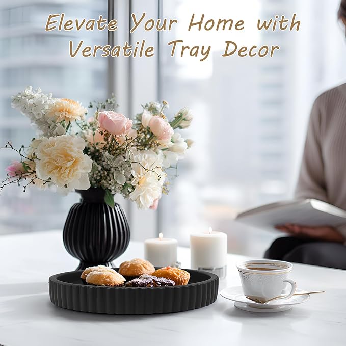 Round Decorative Tray for Coffee Table Decor-Modern Home Decor Tray-Concrete Coffee Table Serving Tray-Centerpiece Table Tray-Ottoman,Vanity, Bathroom, Kitchen,Dresser (Black)